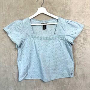 Wrangler Retro Eyelet Flutter Sleeve Blouse L Blue Boho Western Cottagecore